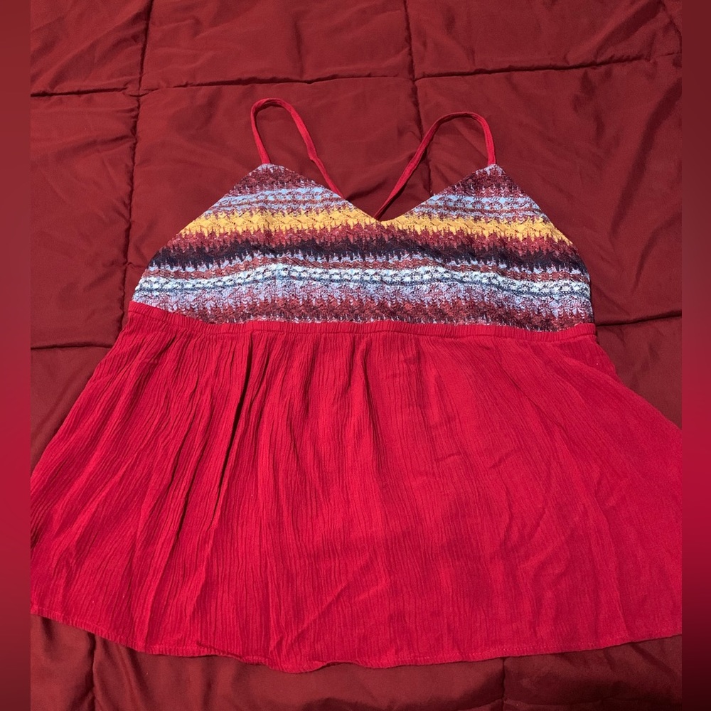 Red with multi color chest, spaghetti strap, size xl top